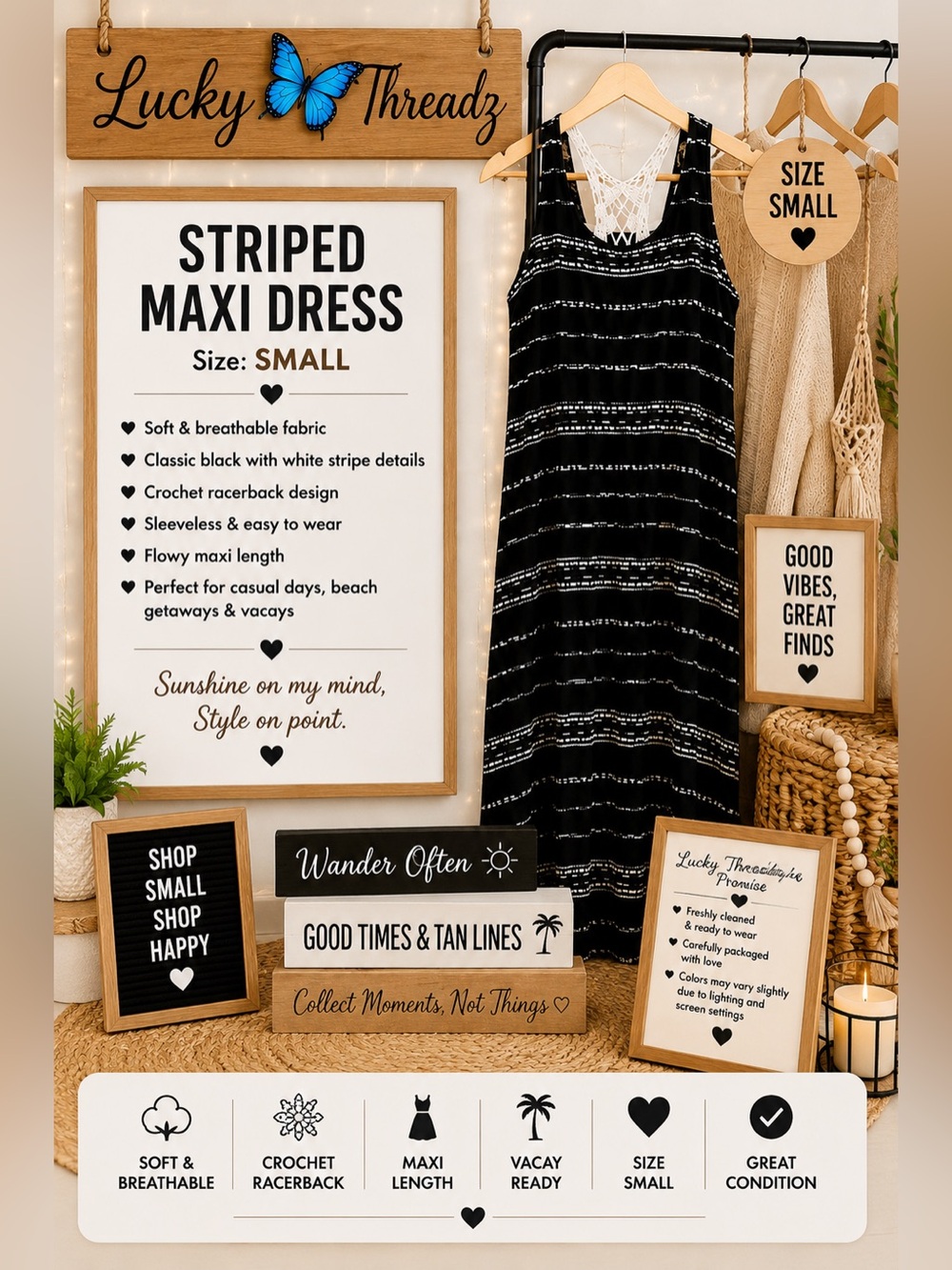 Black Striped Maxi Dress - Size Small
